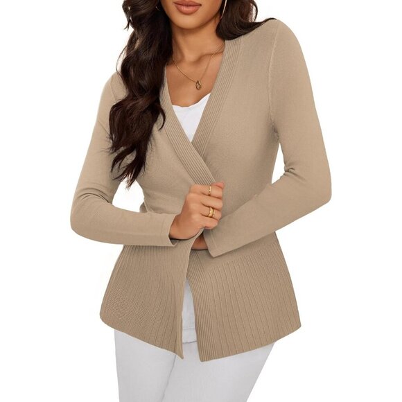 Women's Casual Open Front Sweater Long Sleeve Rib Knit Draped Cardigan Sweater - Picture 5 of 5